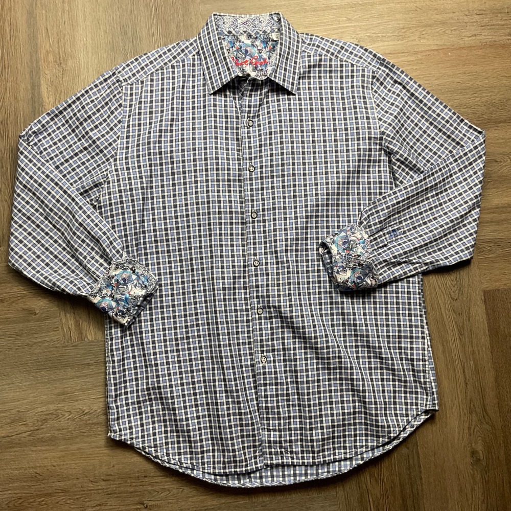 Robert Graham Shirt Mens Medium Blue Plaid Classic Fit Skull Flip Cuff Cotton